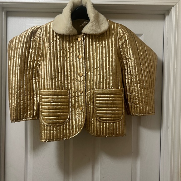Gold Quilted Puffer Jacket with Faux Shearling Collar - Picture 2 of 8